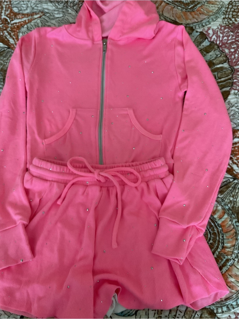 FBZ Girls' Pink Rhinestone Zip-Up Ribbed Top and lined shorts size Small